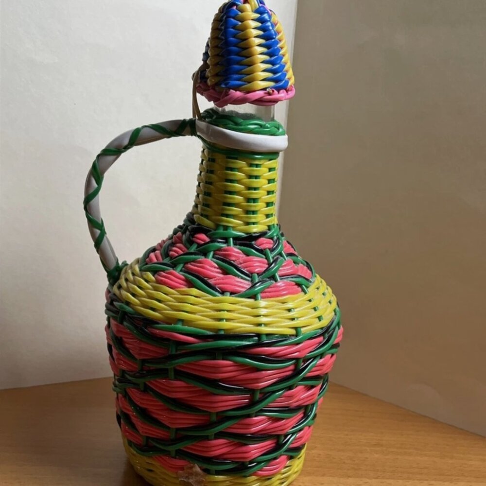 Vintage Viresa Scoubidou Wine Bottle Decanter Spain MCM Woven Wicker
